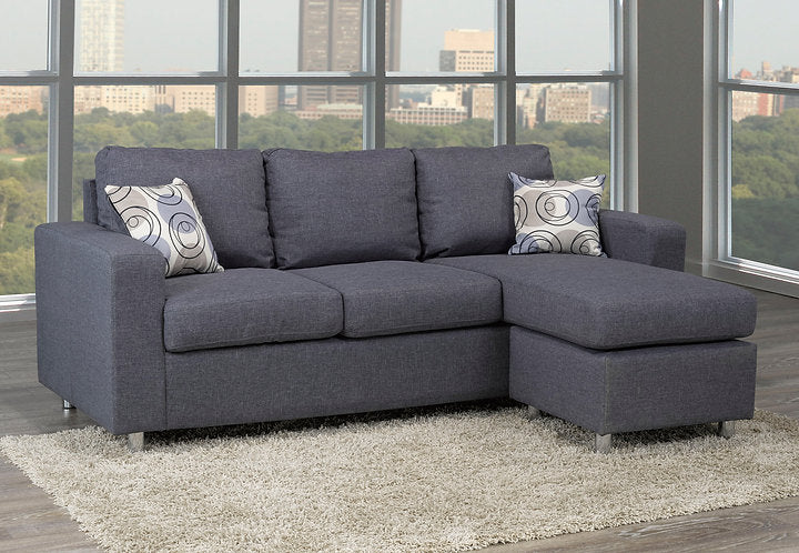 Grey Fabric Sofa, Reversible Chaise Lounge With Chrome Legs and Accent Pillows