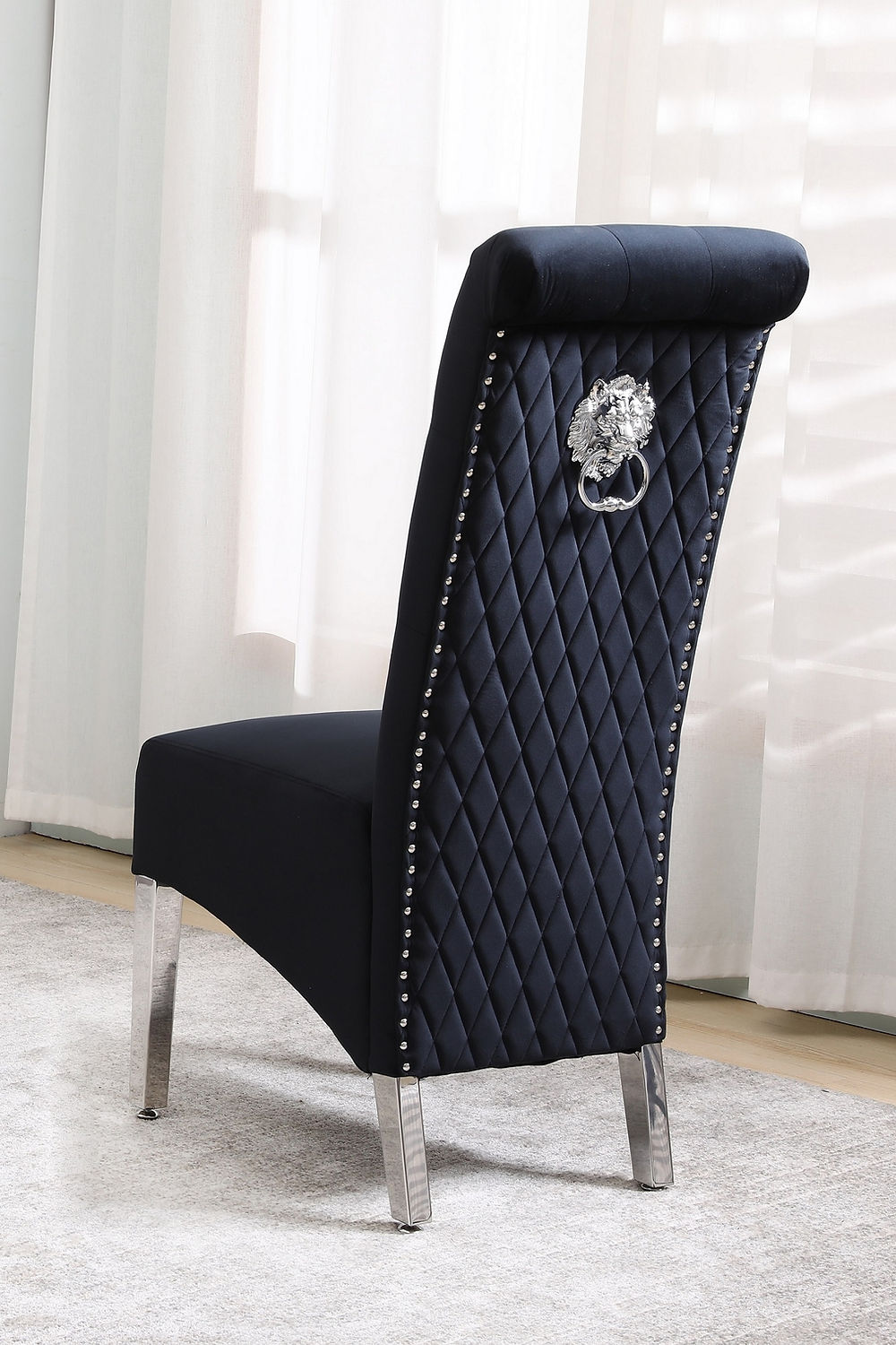 Black Velvet Dining Chair with Diamond Pattern Stitching, Chrome Legs (SET OF 2)