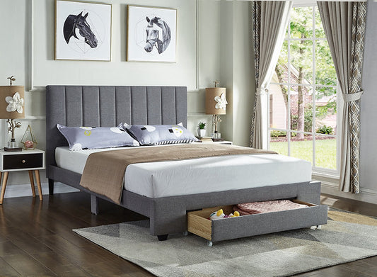 Grey Fabric Bed with Padded Headboard and Storage Drawer