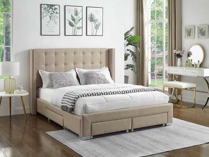 King Beige Velvet Fabric Wing Bed with Nailhead Details and Chrome Legs. Four Pull-Out Storage Drawers