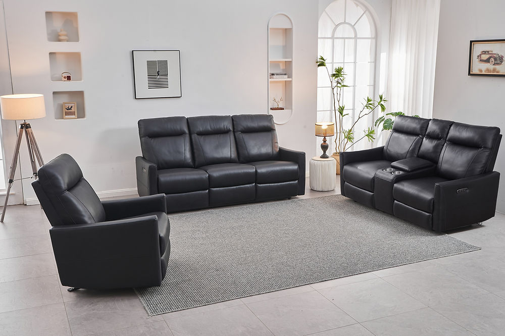 3pc Recliner Set, Soft Black Leather Match