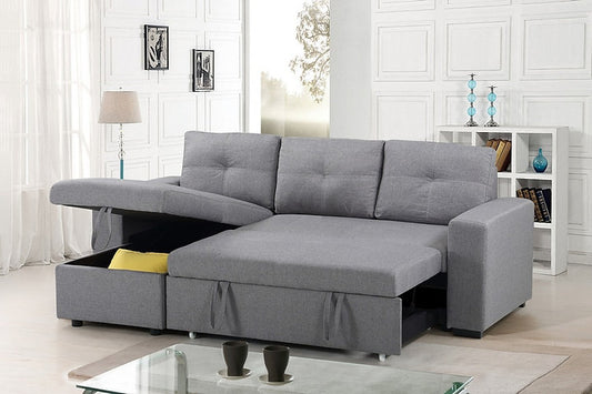 Sofabed Sectional With a Large Lift up Storage Compartment.  Reversible Left or Right Hand Chaise. Grey Fabric.