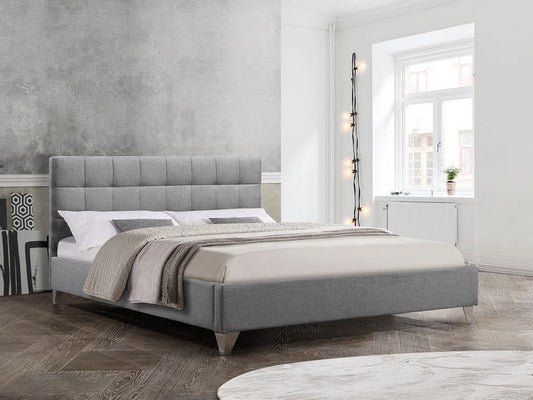 Grey Upholstered Bed with Chrome Legs