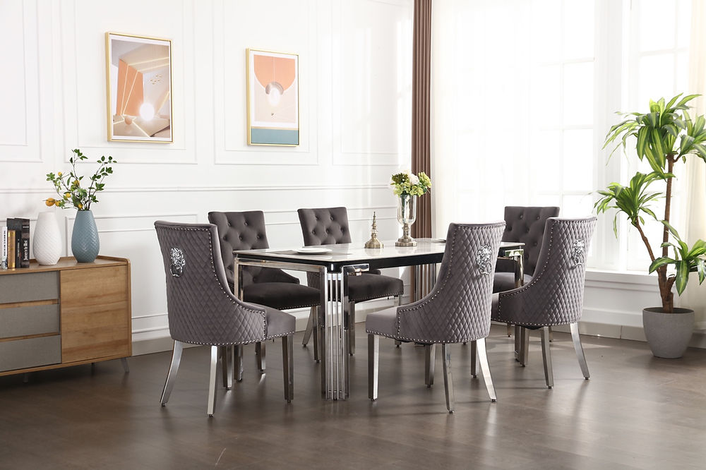 Lux Ceramic Table Top 7 PC Dining Set in Grey Chrome