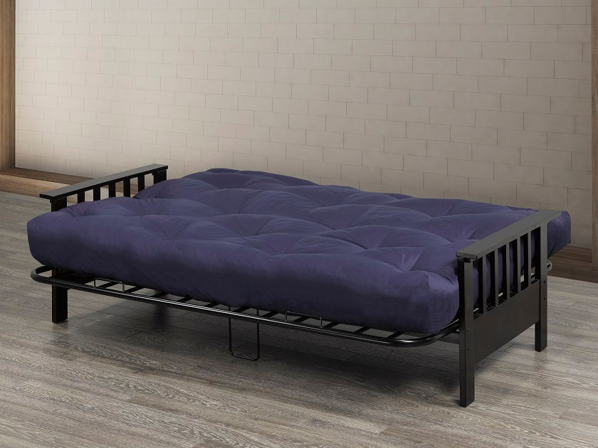 Metal Futon Frame With Espresso Wooden Arms, Blue Sofa