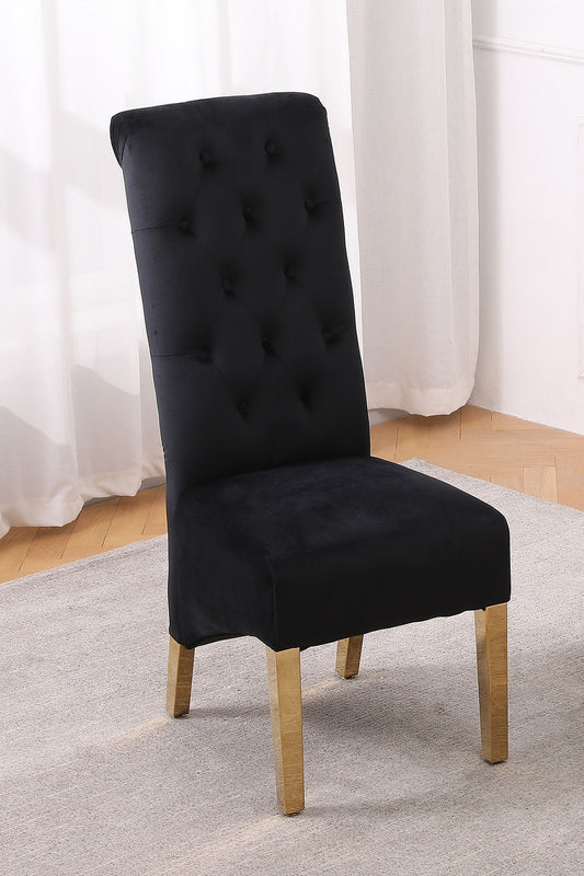 Black Velvet Dining Chair with Diamond Pattern Stitching, Polished Gold Legs (SET OF 2)