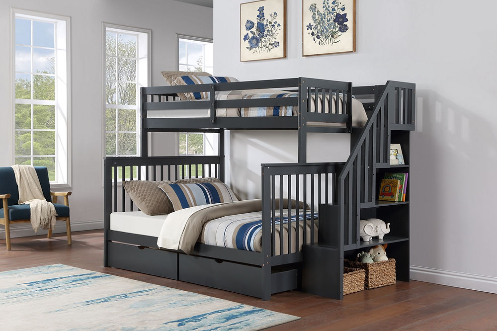 Twin/Full Bunk Bed, Stairs, Storage Book Shelf, with Optional  (Set of 2 Storage Drawers) or (Single Size Pull-Out Trundle) in Deep Grey