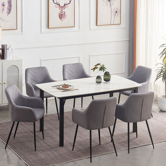 7 Pc Dining Set, Sintered Stone White Marble Top With Black Steel Legs.