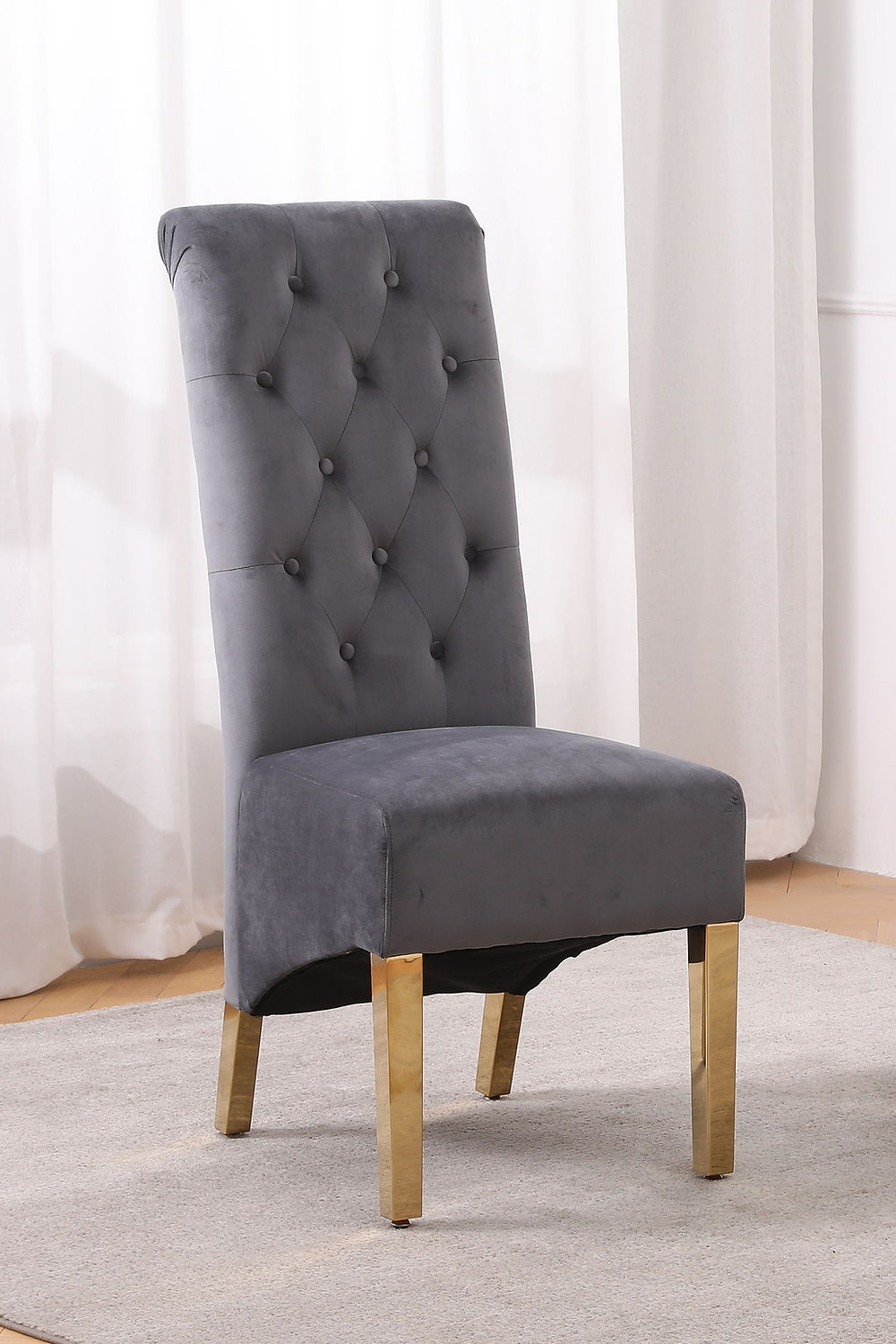 Grey Velvet Dining Chair with Diamond Pattern Stitching, Polished Gold Legs (SET OF 2)