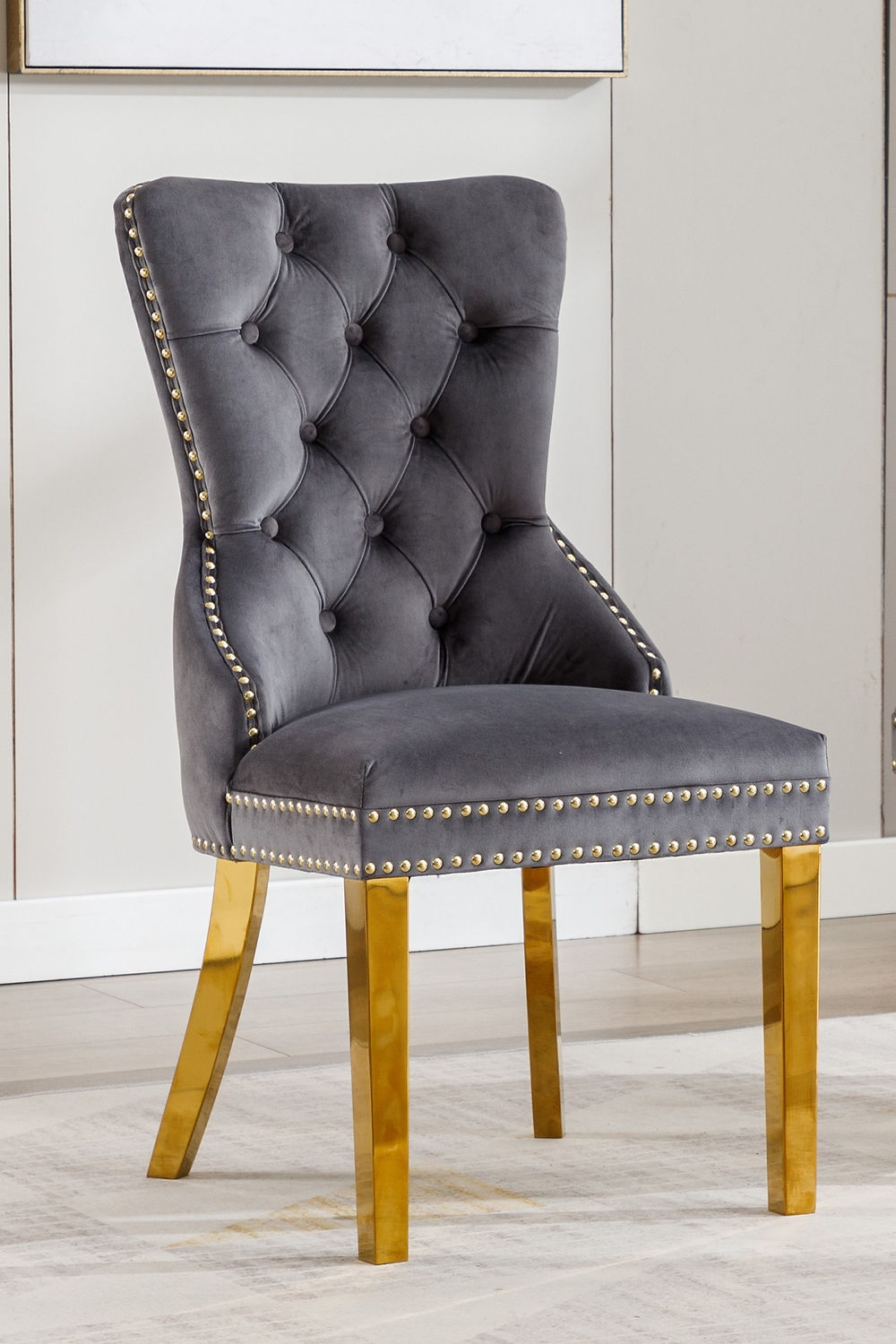 Grey Velvet Tuffed Dining or Accent Chair, with Gold leg. SET OF 2