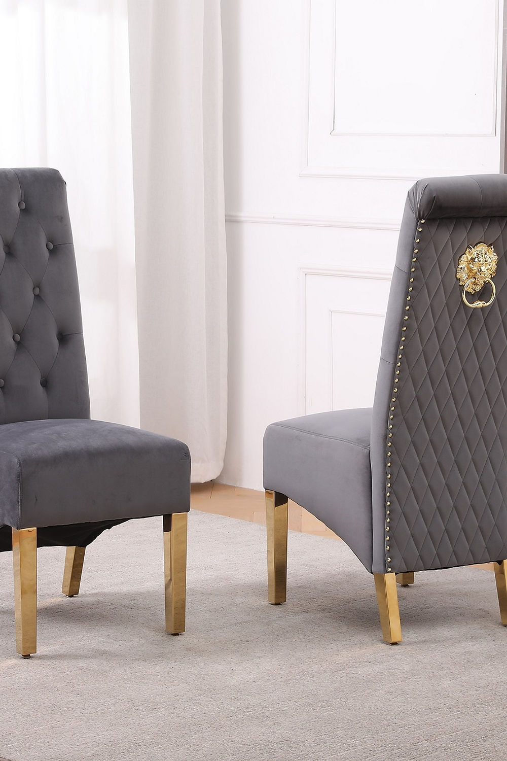 Grey Velvet Dining Chair with Diamond Pattern Stitching, Polished Gold Legs (SET OF 2)