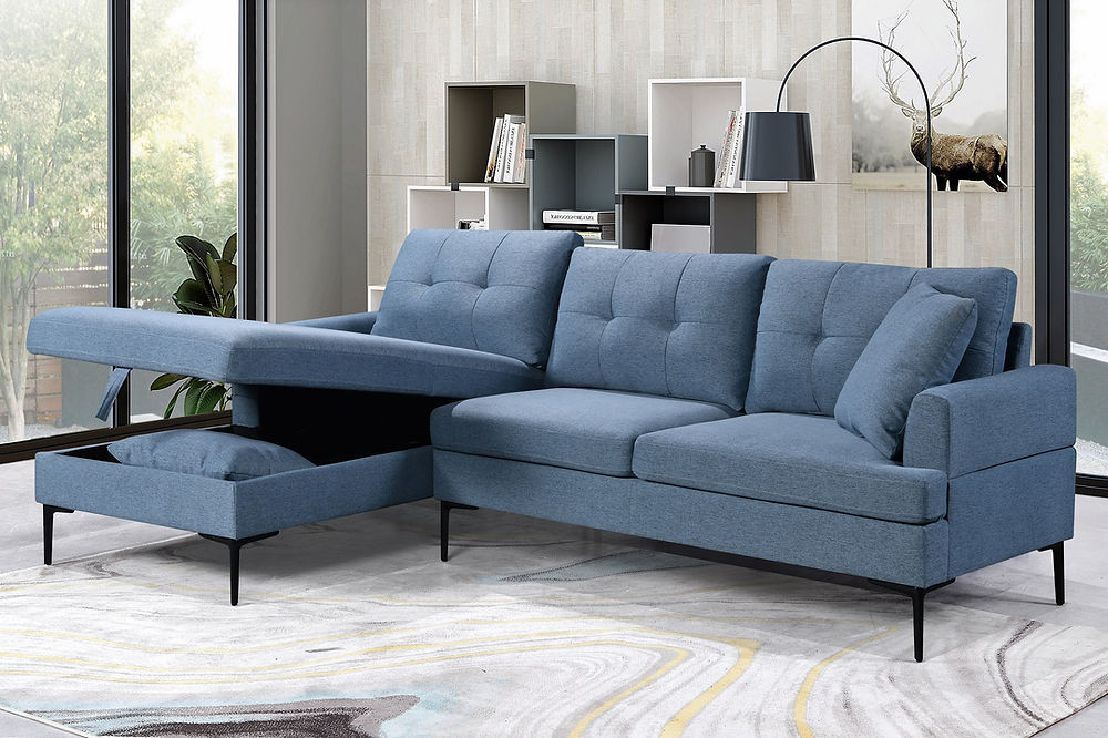 Left Hand Facing Chaise, Large Pull-Up Storage Compartment, Button Tufting on Back Cushions,  Black Metal Legs, Accent Pillows, Soft Blue Fabric