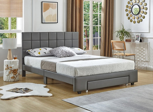 Grey PU Bed with a Square Pattern Tufted Headboard (Bed in a Box)