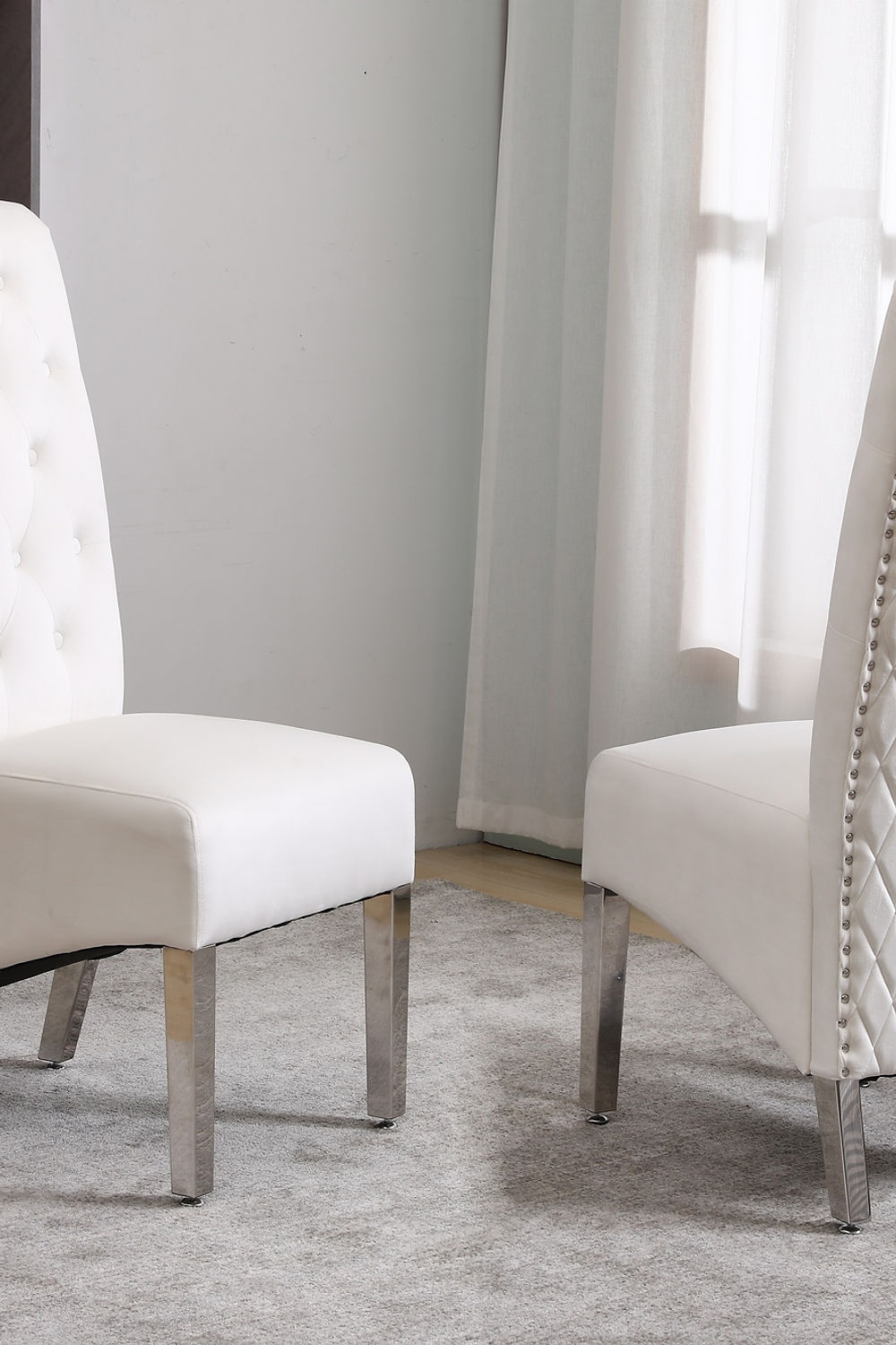 White Velvet Dining Chair with Diamond Pattern Stitching, Chrome Legs (SET OF 2)