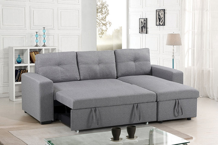 Sofabed Sectional With a Large Lift up Storage Compartment.  Reversible Left or Right Hand Chaise. Grey Fabric.