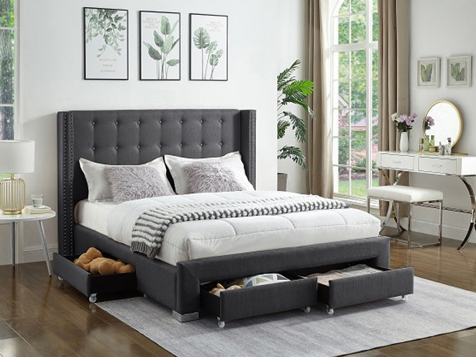 Grey Velvet Fabric Wing Bed with Nailhead Details and Chrome Legs. Four Pull-Out Storage Drawers