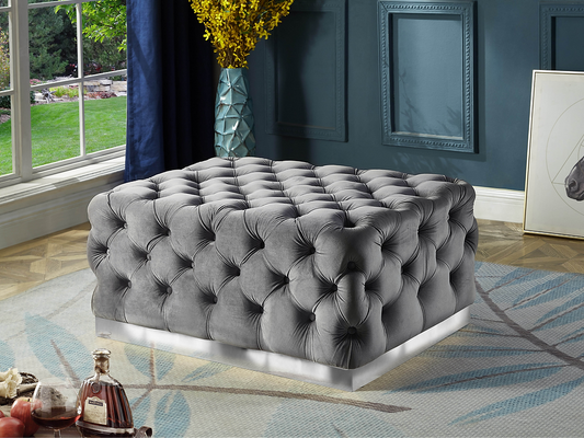 Grey Velvet Ottoman with Deep Tufting and Stainless Steel Base