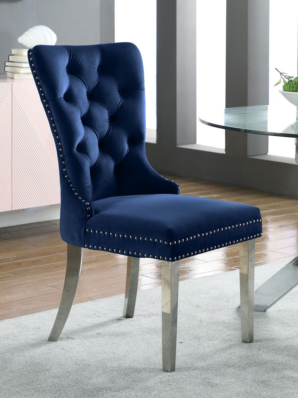 Blue Velvet Dining Chair,Chrome Knocker, Polished Chrome Frame,
Button Tufted Front Nailhead Details (SET OF 2)