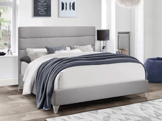 Grey Fabric Modern Bed with Horizontal Deep Tufted Panels and Chrome Legs