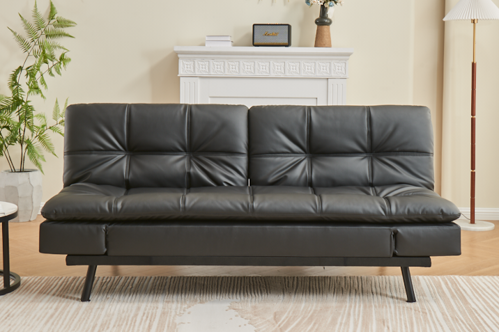 Split Back and Seat Design Sofa Bed, Adjustable Armrest Positions with Memory Foam Cushion in Black PU