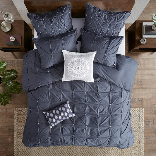 Pinched Embroidered 3-Piece Comforter Set, Navy