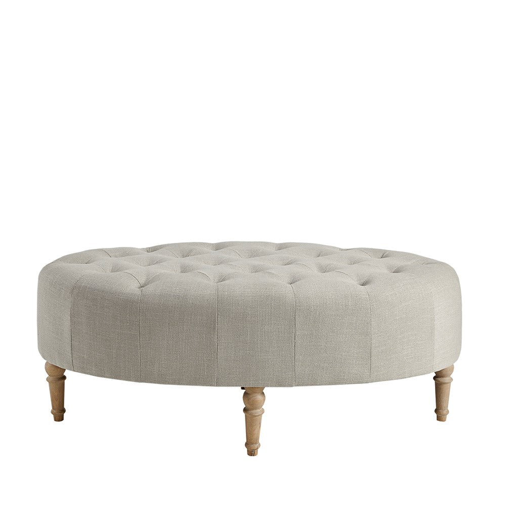 Button Tufted Ottoman with Reclaimed Wooden Leg, Light Grey