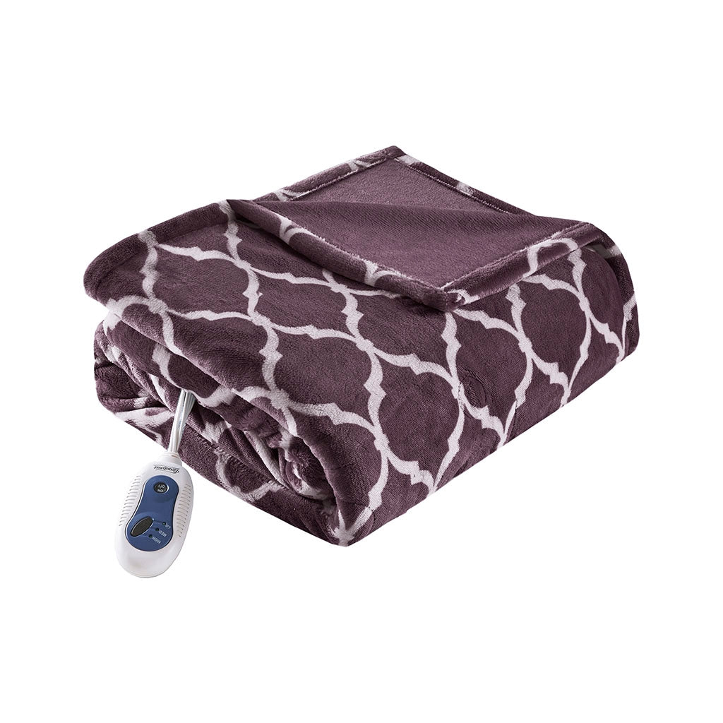 Heated 60x70" Ogee Plush Electric Throw Blanket, Wine