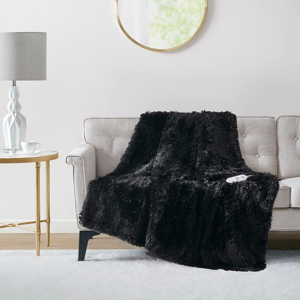 Heated 50x60" Shaggy Faux Fur Electric Throw Blanket, Black