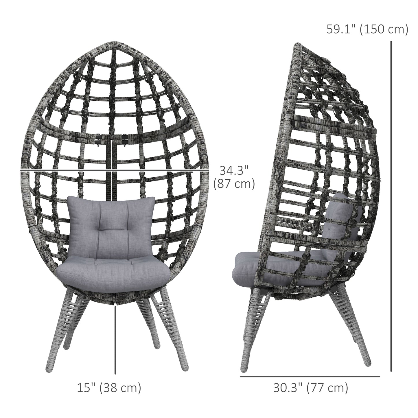 Outsunny Outdoor Egg Chair with Soft Cushion, Patio PE Rattan Wicker Balcony Chair with Height Adjustable Knob, 352lbs Capacity, for Backyard, Garden, Balcony, Lawn, Light Grey