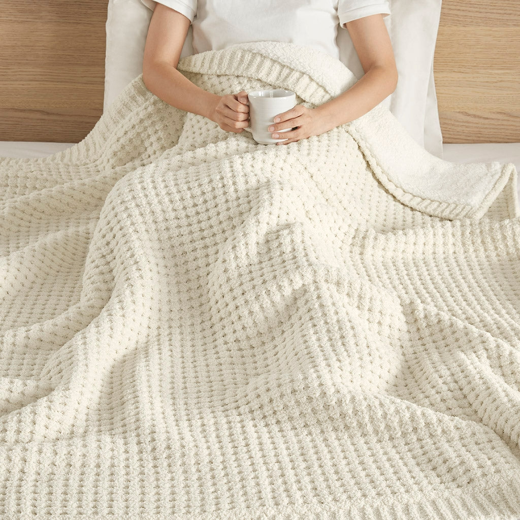 Sherpa Waffle Knit Chenille Throw, Ivory