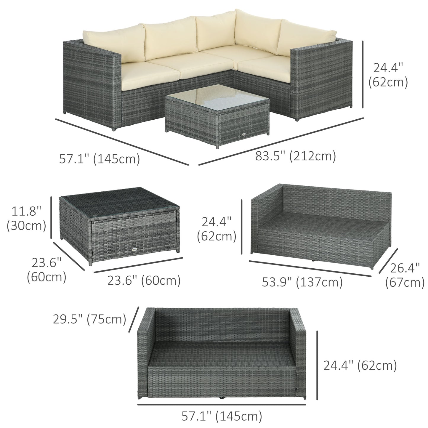 3 Pieces Rattan Wicker Outdoor Conversation Furniture Set w/ Loveseats Coffee Table Cushions for Garden, Patio, Beige