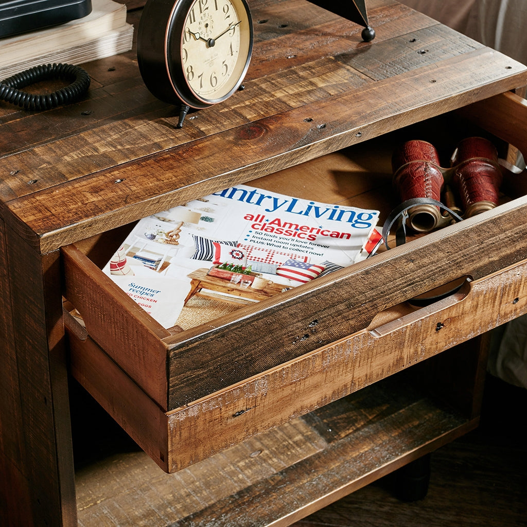 Industrial Wood Nighstand with Drawer and Storage, Dark