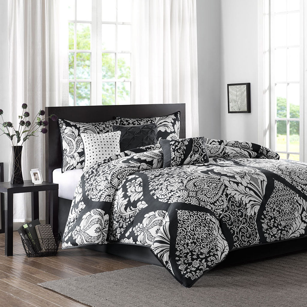 Traditional 7-Piece Cotton Comforter Set, Black in QUEEN