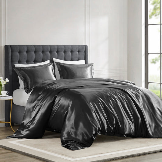 4 Piece Solid Satin Comforter Set, Black (King/Cal King)