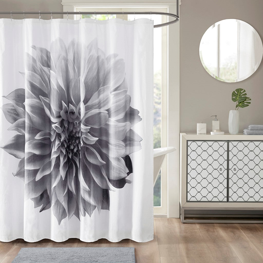 Large Floral Cotton Percale Shower Curtain, Grey