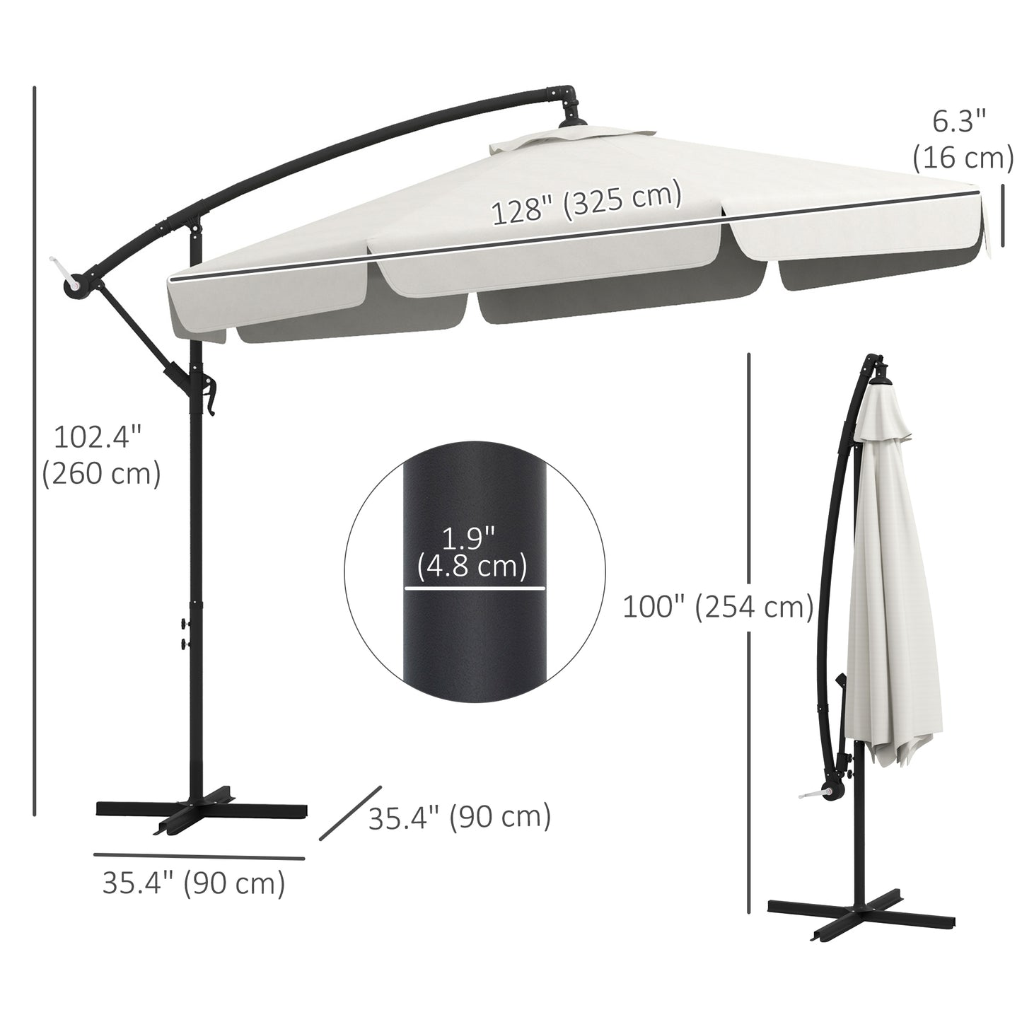 1FT Cantilever Patio Umbrella Offset Parasol with Cross Base and 8 Ribs for Garden, Cream White