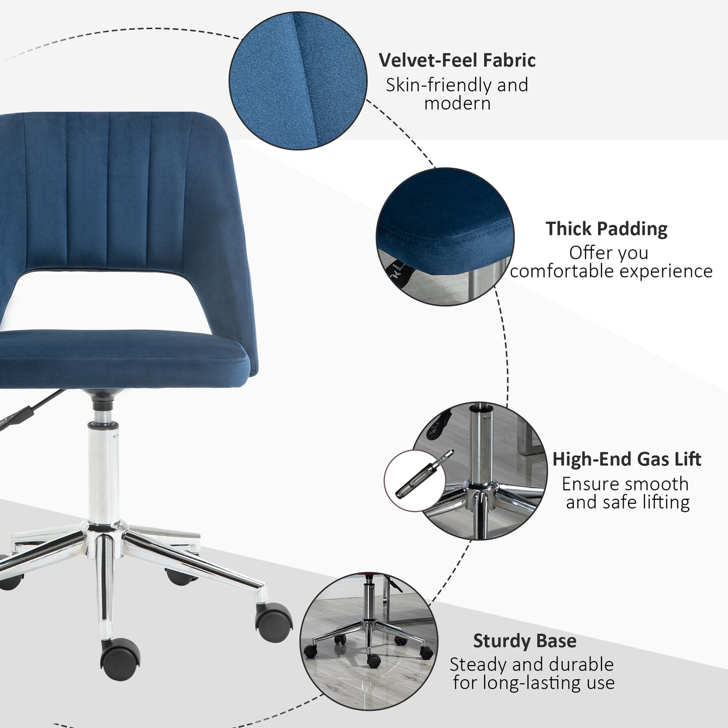 Mid Back Office Chair Velvet Fabric Swivel Scallop Shape Computer Desk Chair, Blue