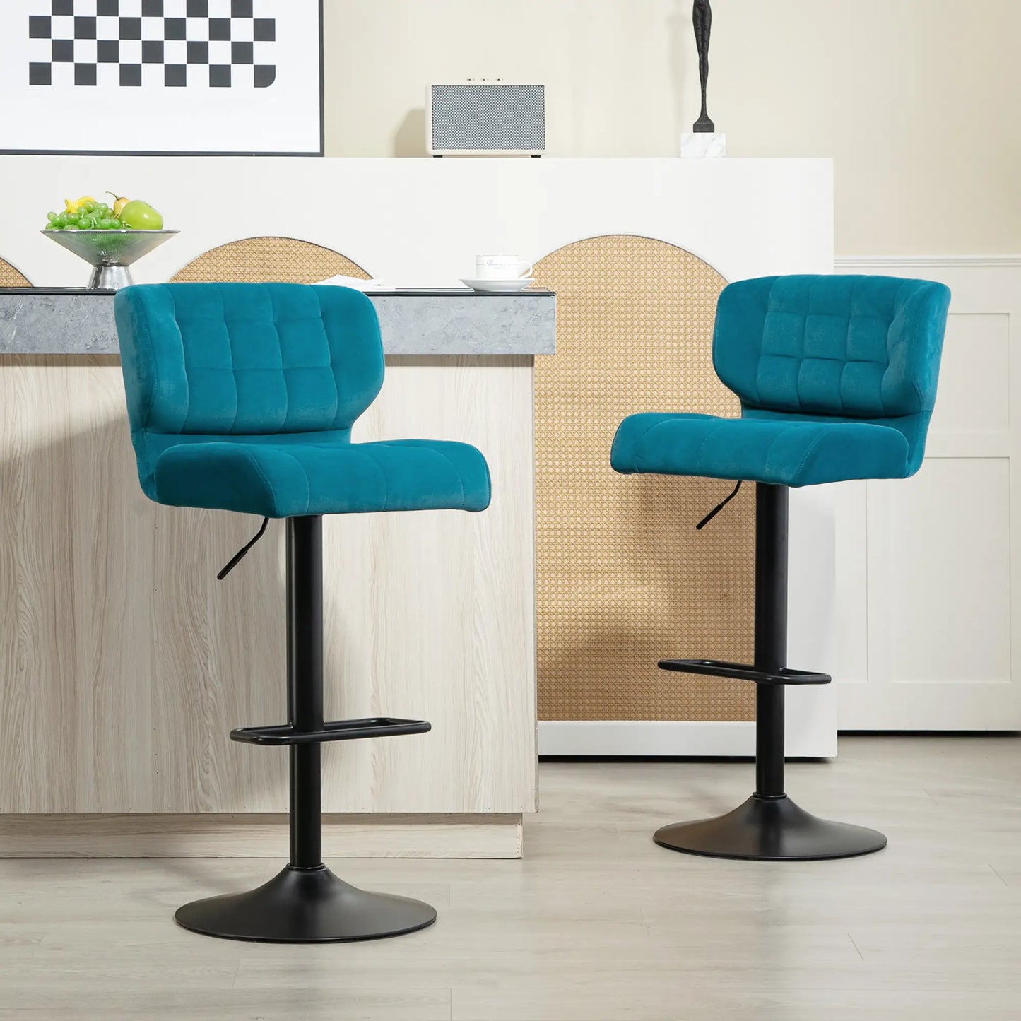 Swivel Tufted Velvet-feel Fabric Barstools Set of 2, Height Adjustable with Footrest Blue