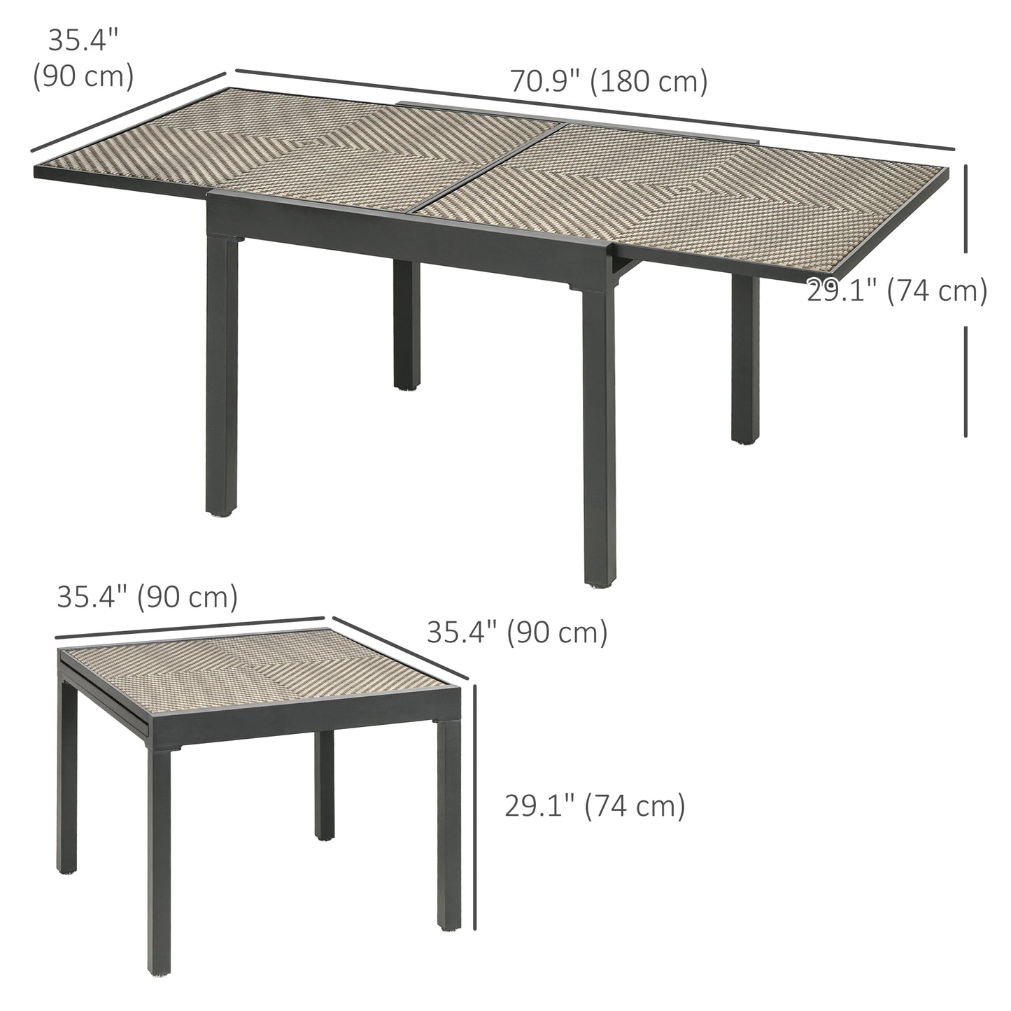 Extendable Rattan Dining Table, Patio Retractable Table, Aluminum Frame, 90/180 x 90 cm, Mixed Brown