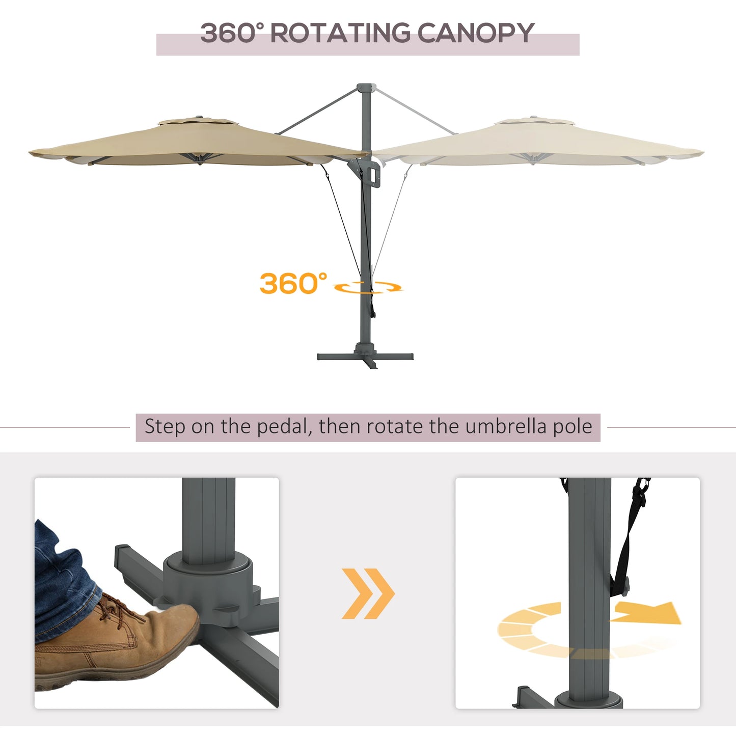 13 FT Cantilever Umbrella, Aluminum Hanging Offset with 360°Rotation, Crank, Tilt, Cross Base, in Khaki