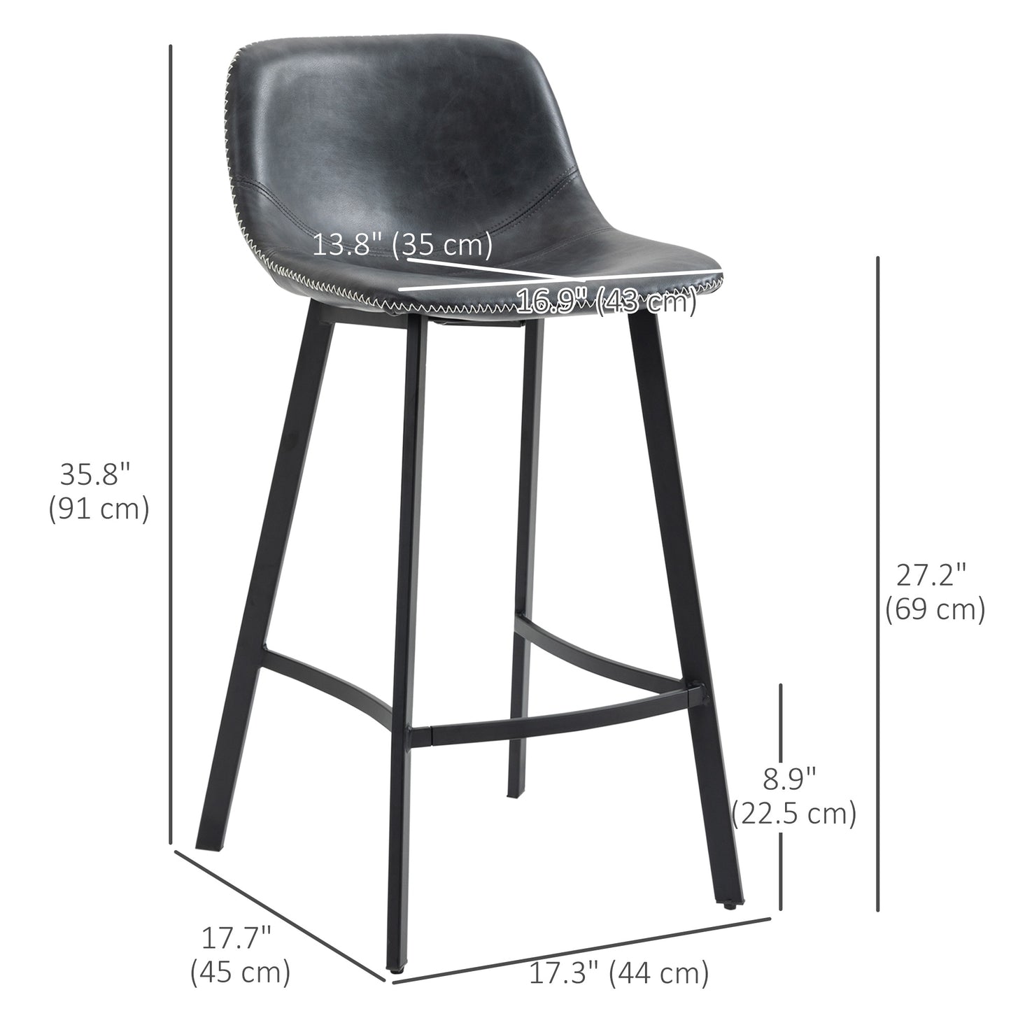 Counter Height Stools Set of 2, Upholstered Kitchen Stool with Back and Steel Legs