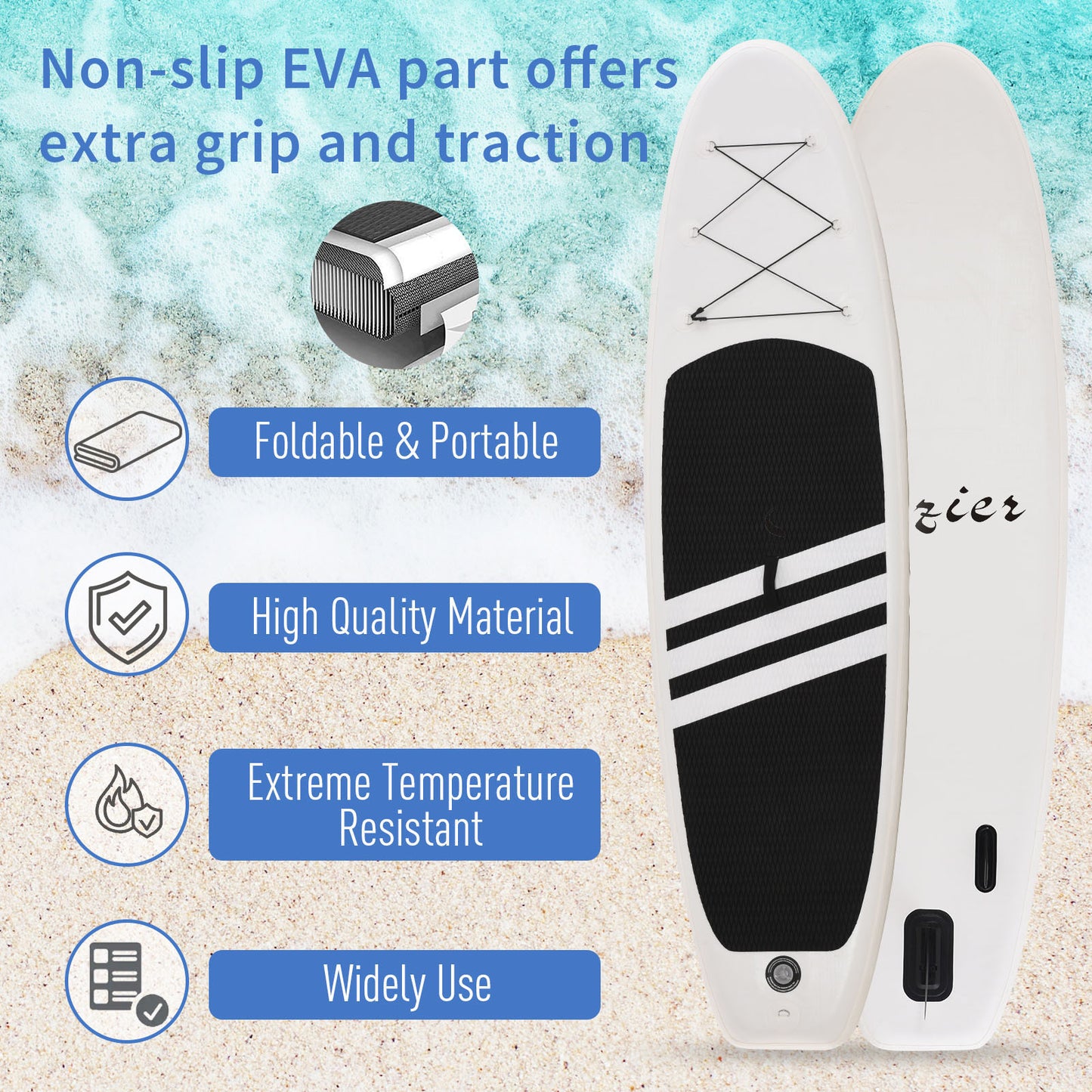 10' x 32" x 6" Inflatable Stand Up Paddle Board with ISUP Accessories, Carry Bag, Non-Slip Deck, Adj Paddle, Pump, Leash for Adults Kids, Black and White