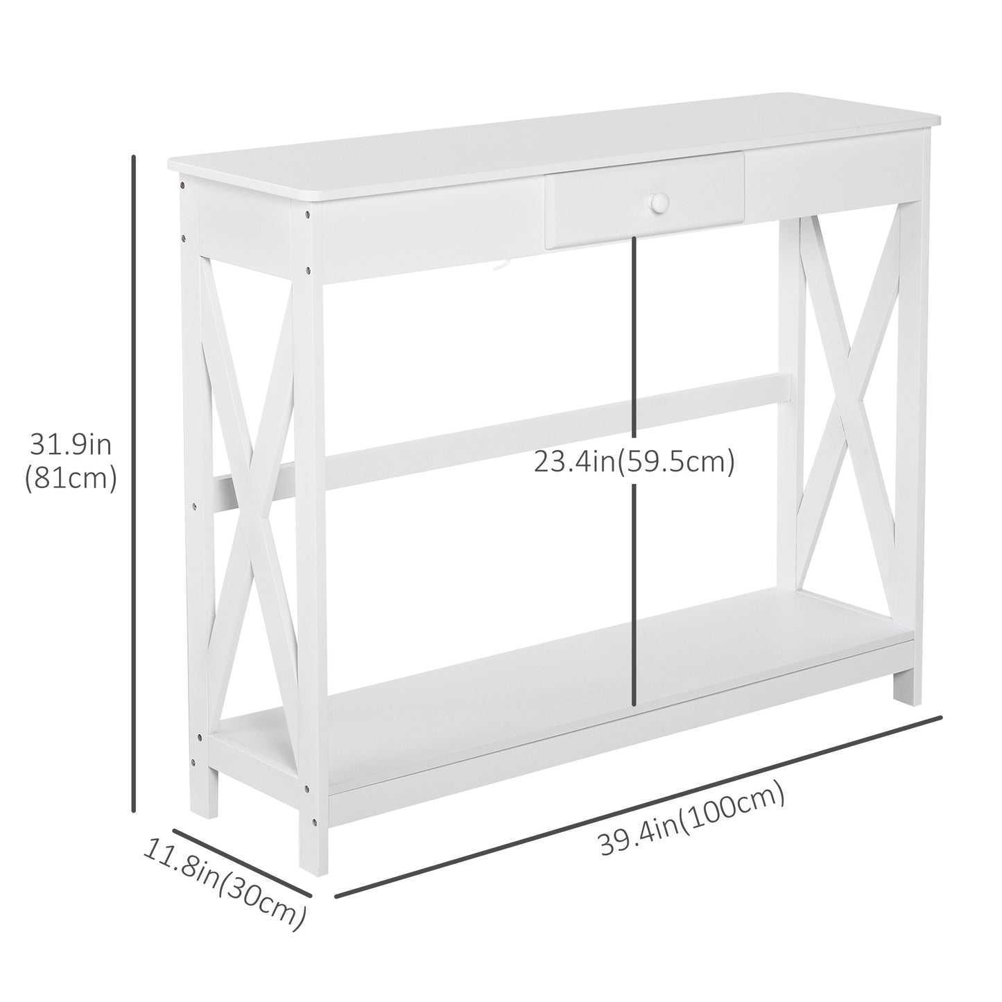 Console Table Or Narrow Entryway Table with Drawer Storage Shelf and X-frame, Slim Sofa Table for Living Room In White