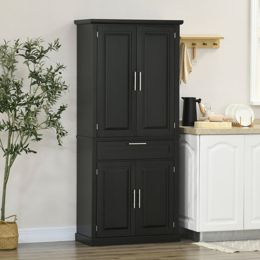 72" Kitchen Pantry Cabinet, Freestanding Storage Cabinet, 4-Door Cupboard with Drawer and Adjustable Shelves, Black