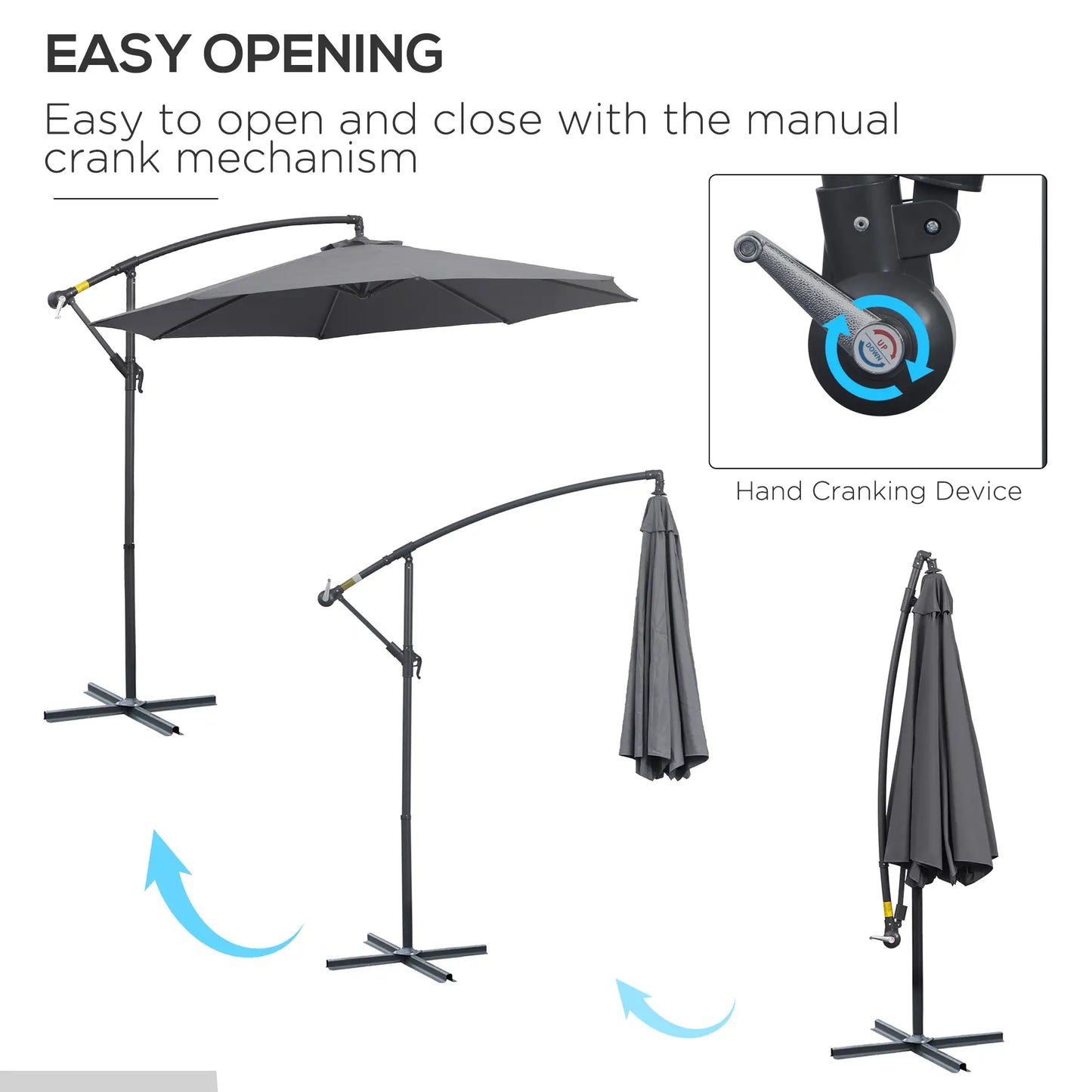 10' Deluxe Patio Umbrella, Hanging Offset Sunshade, Crank Cross Base in Grey