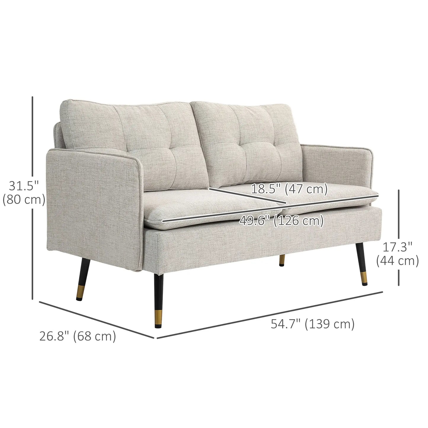 Modern 55" Loveseat, Fabric Love Seat Sofa with Button Tufted Back, with Steel Legs in Cream White