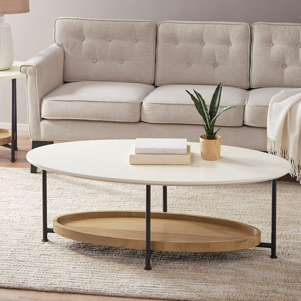 White Oval Coffee Table with Wood Base Shelf