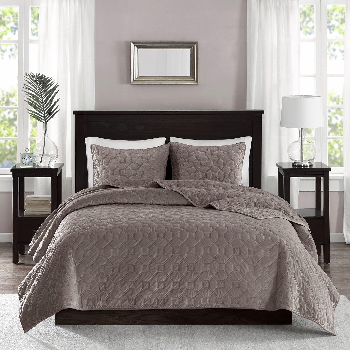 Velvet 3-Piece Quilt Set, Taupe