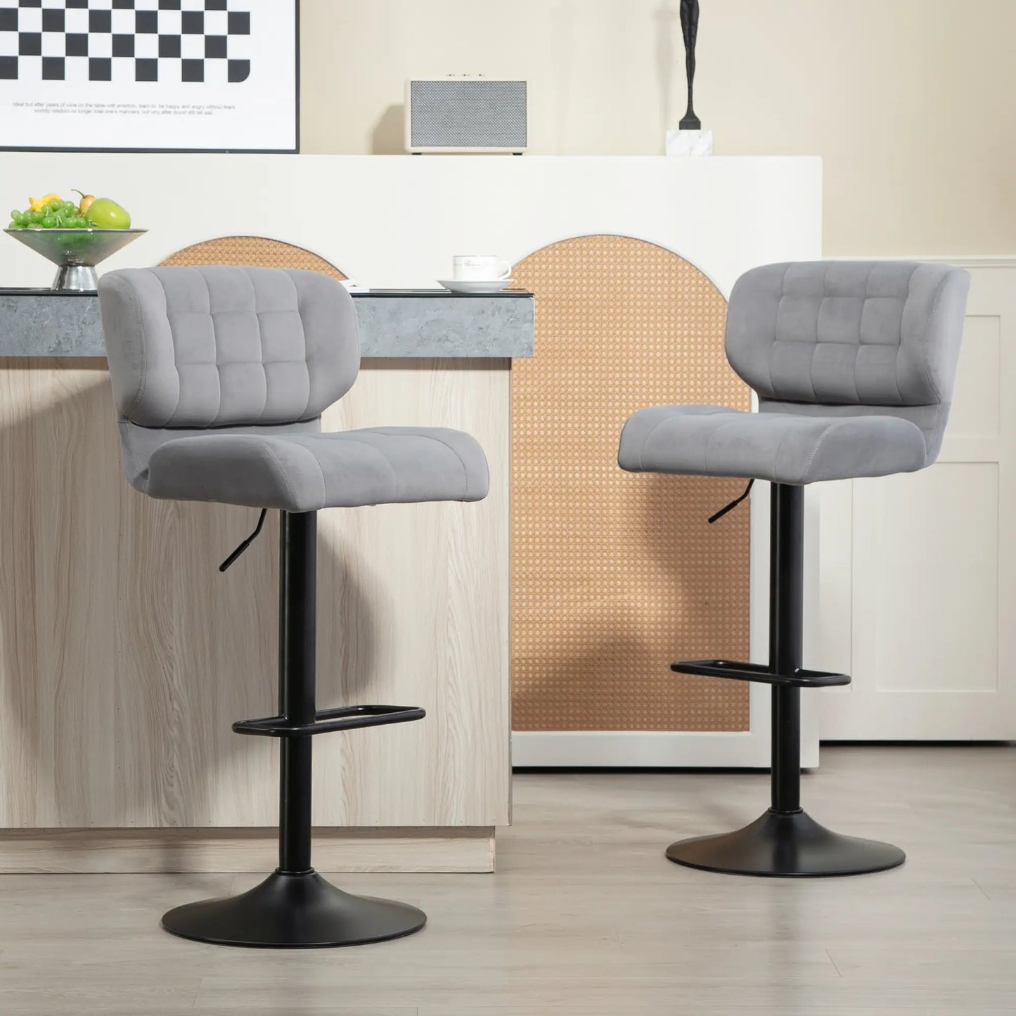 Swivel Tufted Velvet-feel Fabric Barstools Set of 2, Height Adjustable in Grey