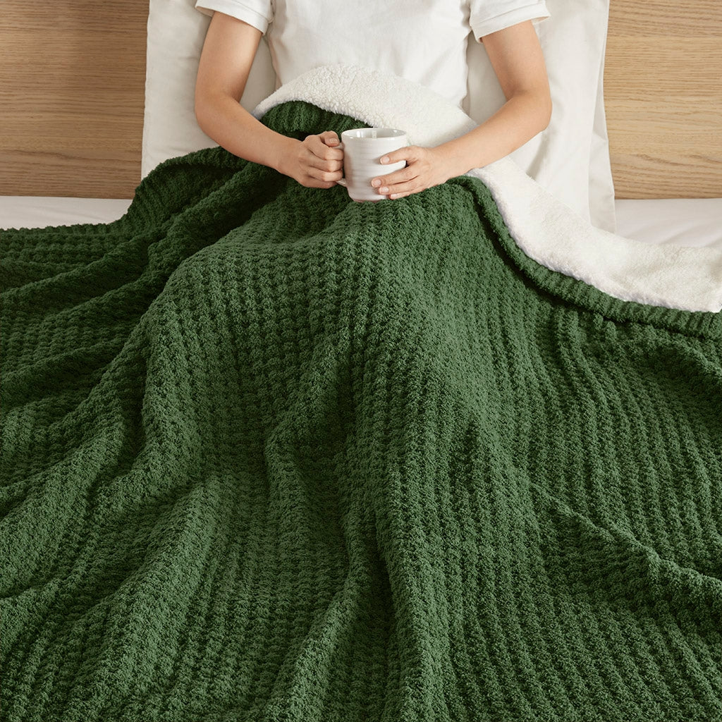 Sherpa Waffle Knit Chenille Throw, Green